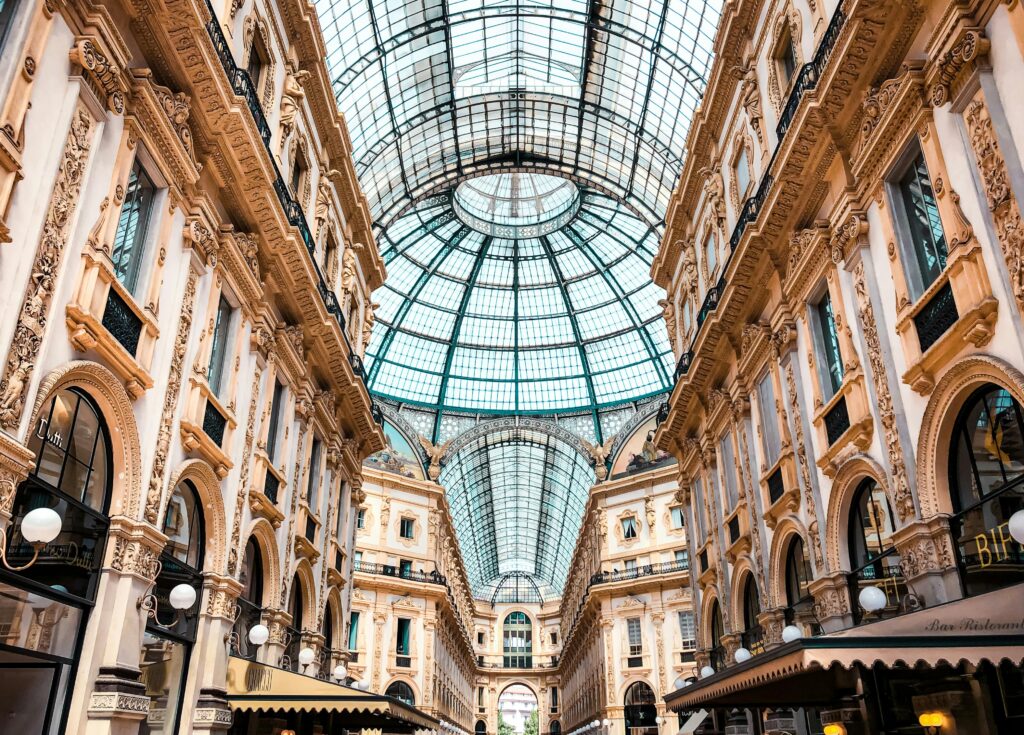 Stunning view inside the historic and luxurious Galleria Vittorio Emanuele II in Milano, Italy.