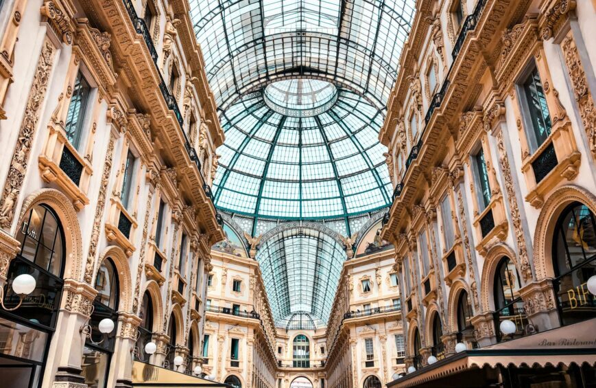 Stunning view inside the historic and luxurious Galleria Vittorio Emanuele II in Milano, Italy.