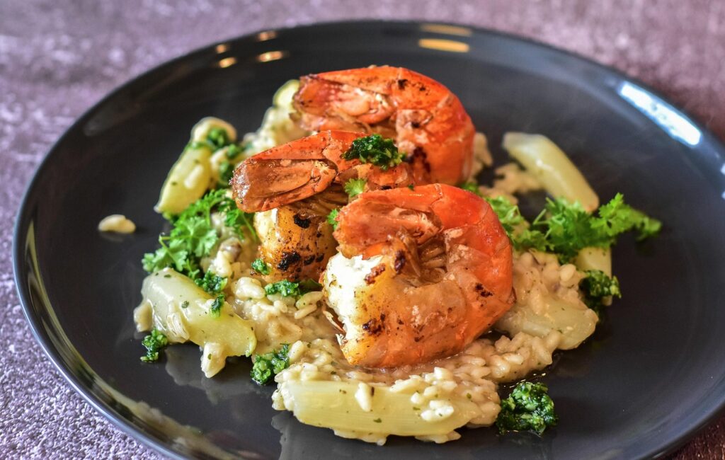 rice, risotto, asparagus, shrimp, fish, meal, plate, nature, gourmet, kitchen, cook, food